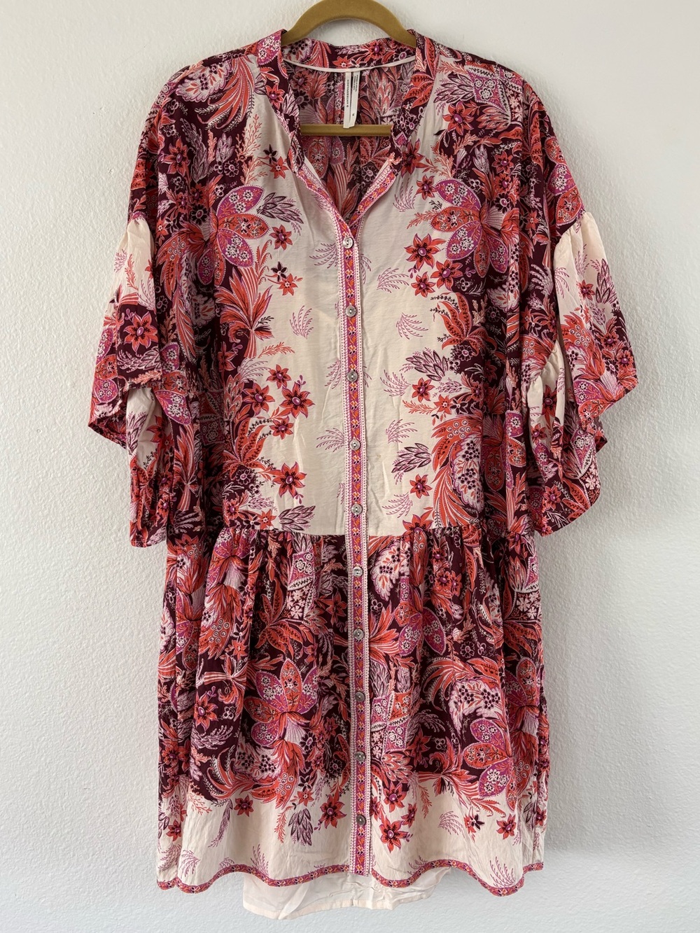 Anthropologie Janelle Floral Button Front Mini Tunic Dress Pink Combo XL - Picture 2 of 13
